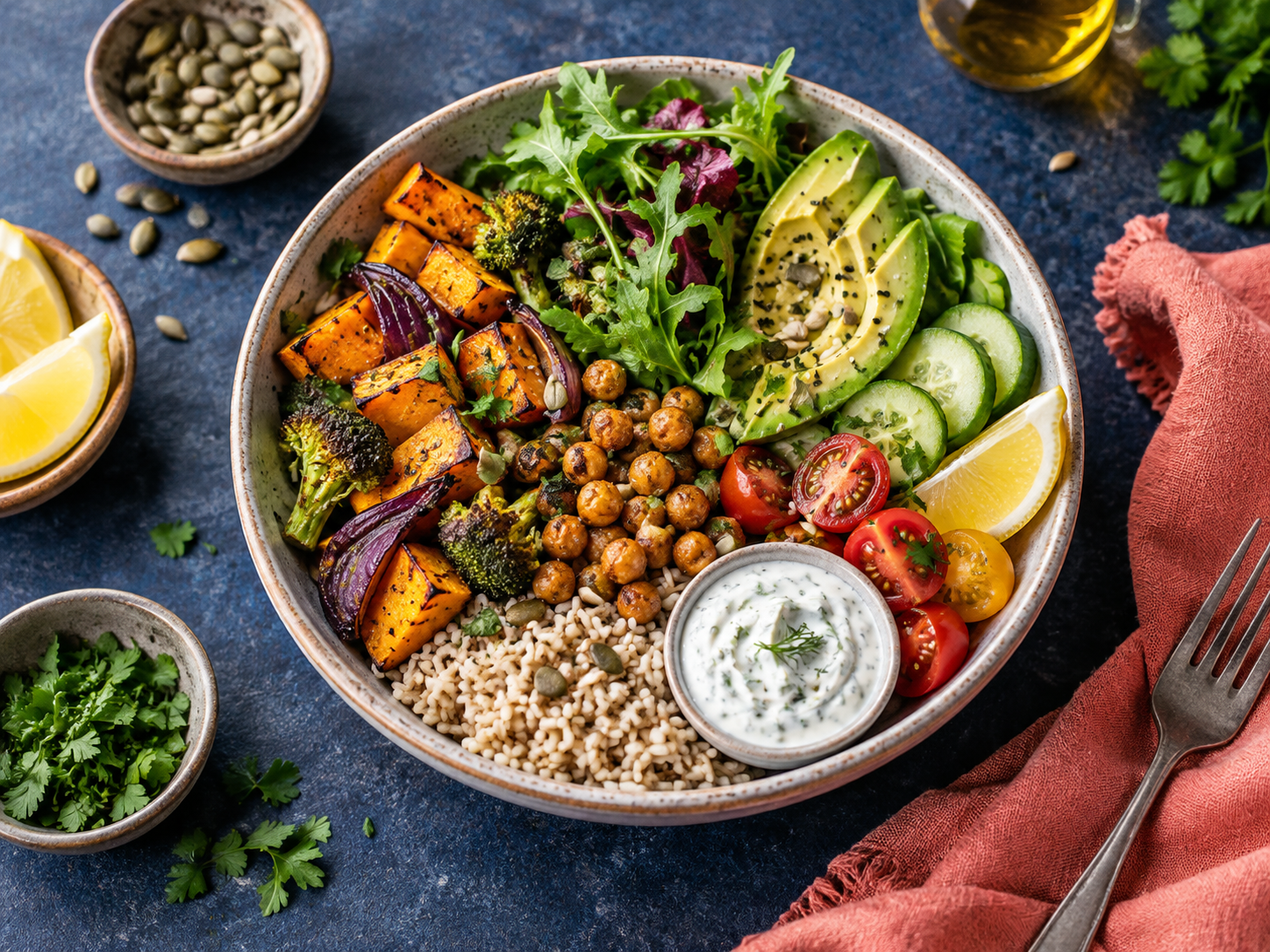 A colorful balanced meal bowl with vegetables, grains and chickpeas
